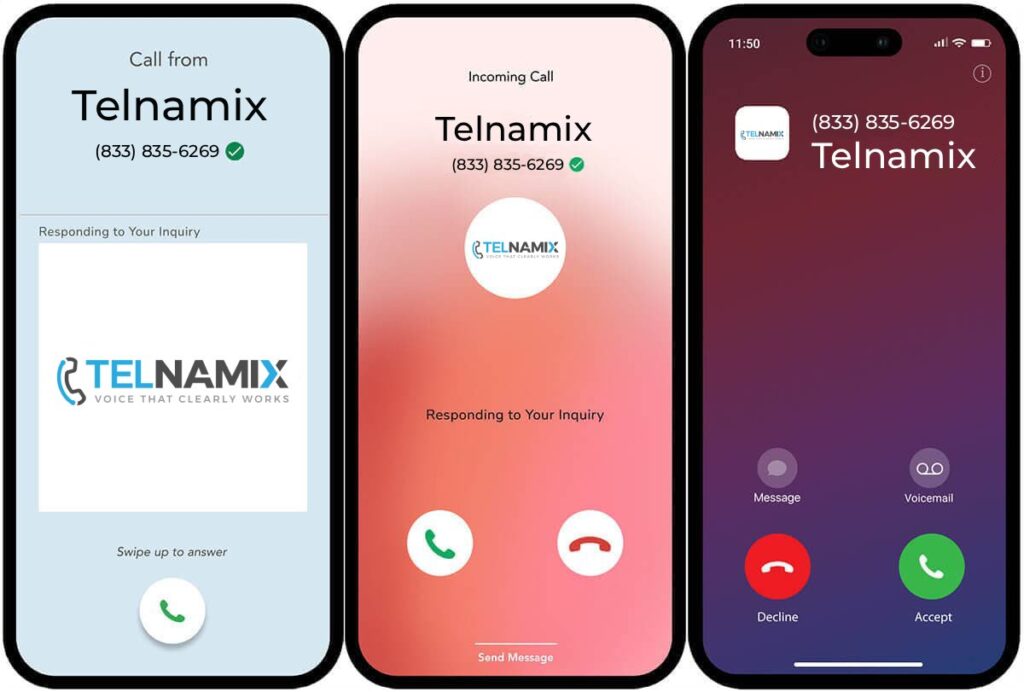 Three smartphone incoming call screens showing Telnamix as the caller, with a verified checkmark, the Telnamix logo, and the call reason Responding to Your Inquiry